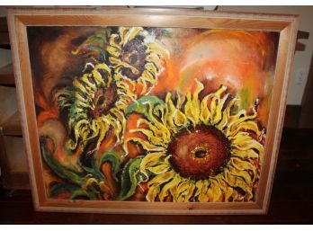 Amazing Signed Sunflowers, Oil On Canvas