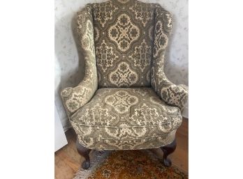 Lovely Queen Anne Style Damask Upholstered High Back Wing Chair