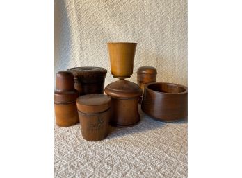 Fabulous Collection Of Vintage Wood Crystal Decanter Covers, Large Goblet And Bowl