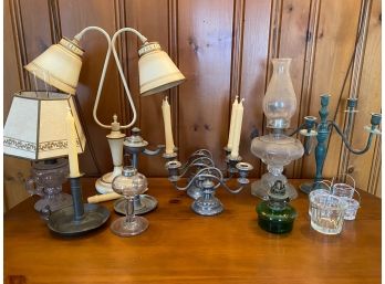 Collection Of Vintage Candle Holders, Oil Lanterns And Antique Lamp