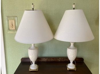 Beautiful Matching Vintage White Porcelain Urn Style Lamps With Brass Base