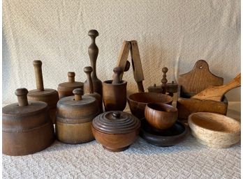 Primitive Wooden Mortar And Pestle, Butter Stamps & Accessories