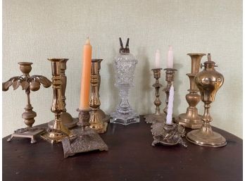 Collection Of Pewter And Brass Candle Holders