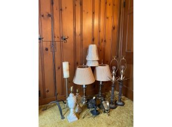 Collection Of Vintage Lamps, Sconces And Brass Pillar Candle Holder