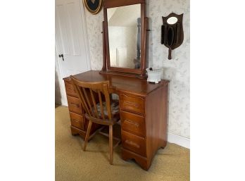 Small Vintage Solid Hardwood Desk With Mirror And Shaker Chair