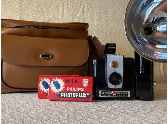 Kodak Brownie Camera With Flash Attachment And Bag