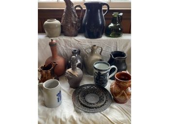 Large Collection Of Vintage Ceramics, Stoneware Crocks, Glassware And Decorative Iron Plates