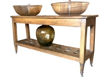 Unique Primitive Wine Bench Structure With Casters & Decorative Glass Bowls