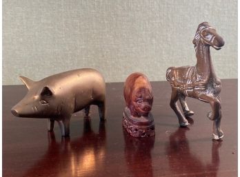 Mixed Material Carved Pig And Horse Figurines