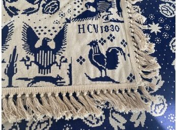 Exceptional Navy And White Overshot Weave Coverlet Dated 1830