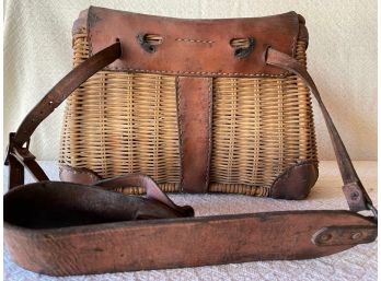 Antique Wicker Creel Fishing Basket With Strap