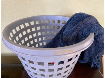 Navy Fringed Throw Blanket And Laundry Basket