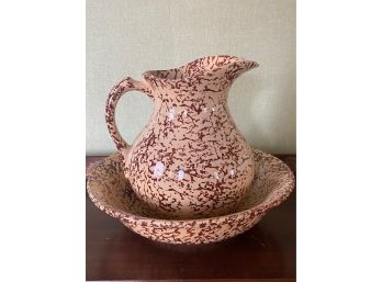 Early 1900's Vintage Pink Spongeware Pitcher And Bowl