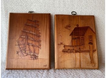 Pair Of Wood Carvings On Board Signed RBT