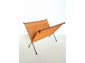 Vintage Folding Rattan & Iron Magazine Rack