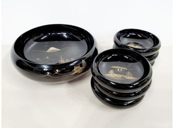 Mid Century Aizu Japan 7 Pc Black Laquerware Salad Set