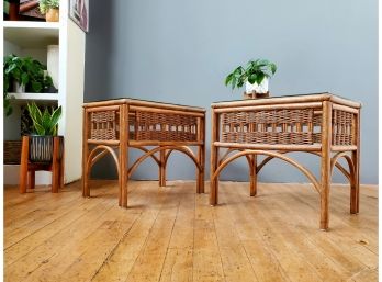 Pair Vintage Glass Top Boho Rattan Tables