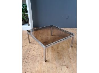 60s Brutalist Heavy Brushed Metal & Smoked.glass Coffee Table