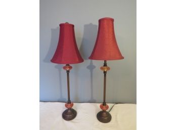 Pair Of Modern Table Lamps With Bell-shape Maroon Shade