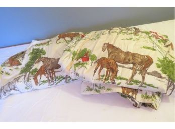 Pair Vintage Equestrian Lined Barkcloth Drapery 1 Of 2