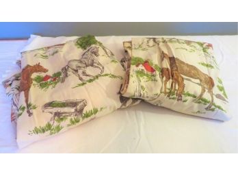 Pair Vintage Equestrian Lined Barkcloth Drapery 2 Of 2