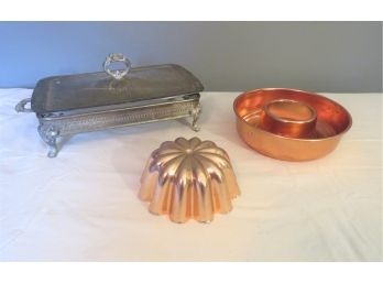 Silverplate Chafing Dish, 2 Copper Tone Kitchen Molds