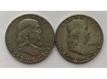 2 Franklin Half Dollars Dated 1950, 1963 D