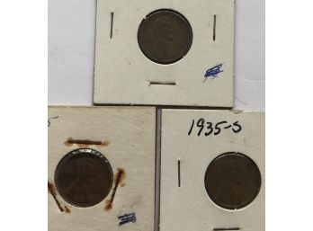 Lincoln Cents Trio Dated 1935 P, 1935 D, 1935 S (Coins Better Than Pictures Show)