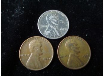 3 Lincoln Wheat Pennies, Includes 1943 Steel Penny