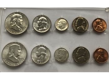 2 1957 Franklin, 2 Washington Quarters, 2 Roosevelt Dimes, 2 Jefferson Nickels, 2 Lincoln Cents