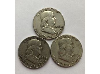 3 Franklin Half Dollars Dated 1963, 1954, 1957 D