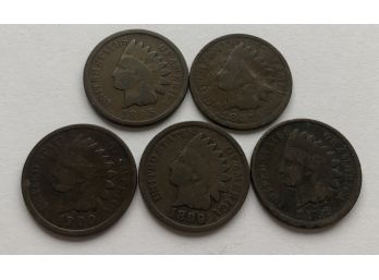 5 Indian Head Pennies Dated 1887, 1889, 1895, 1889, 1890 (Pictures Are Dark---Coins Nice)