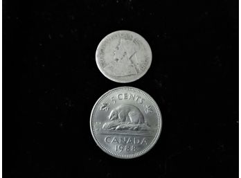 2 Coins, 1988 Canada 5 Cents, Silver Canadian Dime