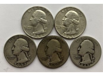 5 Washington Quarters Dated 1942, 1943 D, 1952 D, 1963 D, 1964 D