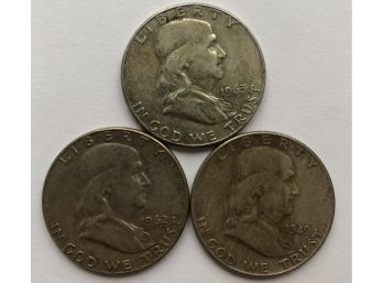 3 Franklin Half Dollars Dated 1949, 1962 D, 1963 D