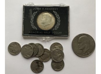 1964 Kennedy Half Dollar In Case, 9 Buffalo Nickels, 1972 Ike Dollar