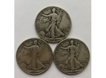 3 Walking Liberty Half Dollars Dated 1941 D, 1943, 1944