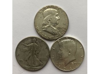 3 Half Dollars 1964 Kennedy, 1944 Walking Liberty, 1965 Franklin