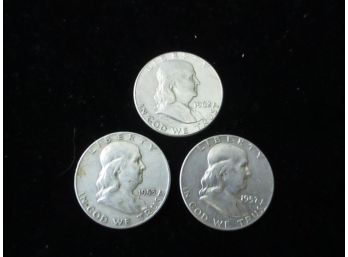 3 - U.S. Franklin Silver Half Dollars, 1953, 57, 62