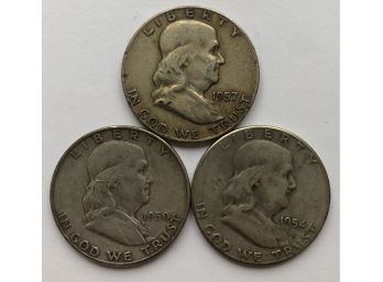 3 Franklin Half Dollars Dated 1950 D, 1954 S, 1957 D