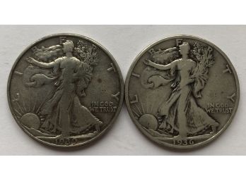 2 Walking Liberty Half Dollars Dated 1936 S, 1939 D