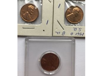 3 BU Pennies In Enclosures Dated 1960 D, 1960 D Small Date, 1975