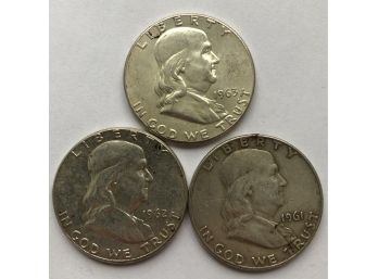 3 Franklin Half Dollars Dated 1961 D, 1962, And 1963