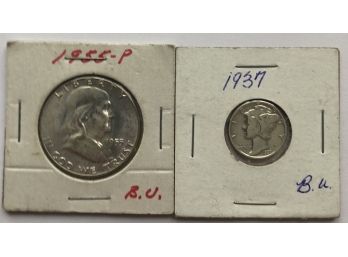 2 BU Coins, 1937 Mercury Dime And 1955 P Franklin Half Dollar