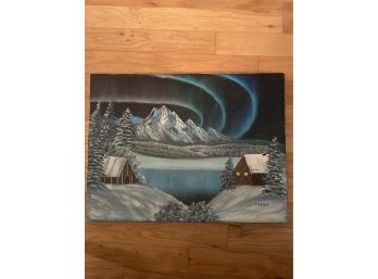 Signed Oil On Canvas With Snowy Landscape & Beautiful Northern Lights