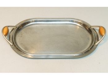 Vintage Metal Serving Tray With Wooden Accents