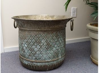 Large Metal Planter Pot With Intricate Repousse Design