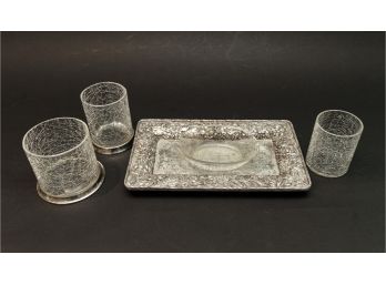 Crackle Glass Cups And Dish, Silver Tone Metal Tray With Floral And Leaf Border Design - Tabletop Accessories