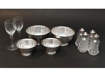 4 Reed & Barton SP Paul Revere Footed Bowls, 2 Wine Glasses, 4 Silver Tone Topped Cut Glass Salt & Pepper Shak