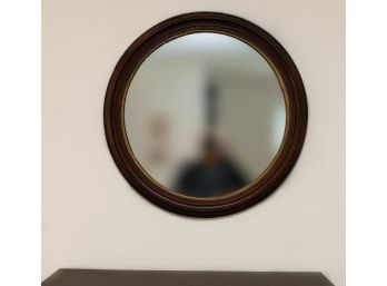 Circular Wooden Mahogany Tone Wall Mirror With Gilt Border